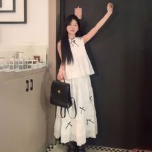 夏季穿搭一整套温柔风蝴蝶结无袖上衣+高腰超仙蕾丝半身裙女学生