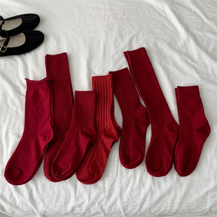 安可拉红袜子女堆堆袜春秋暗红色ins潮中筒袜网红款韩版红色长袜