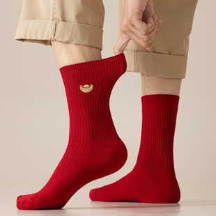 属马红袜子男本命年马年秋冬新年红色结婚喜庆礼物刺绣中筒长袜棉