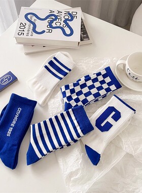 全店满20元或者6双包邮蓝色袜子女棋盘格网红字母C三杠条纹中筒袜
