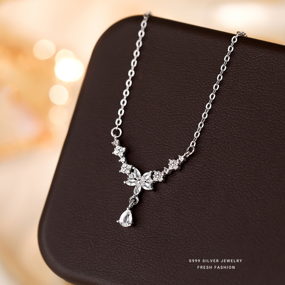 S999纯银流苏水滴花朵项链女满镶托帕石时尚小众设计锁骨链夏季款