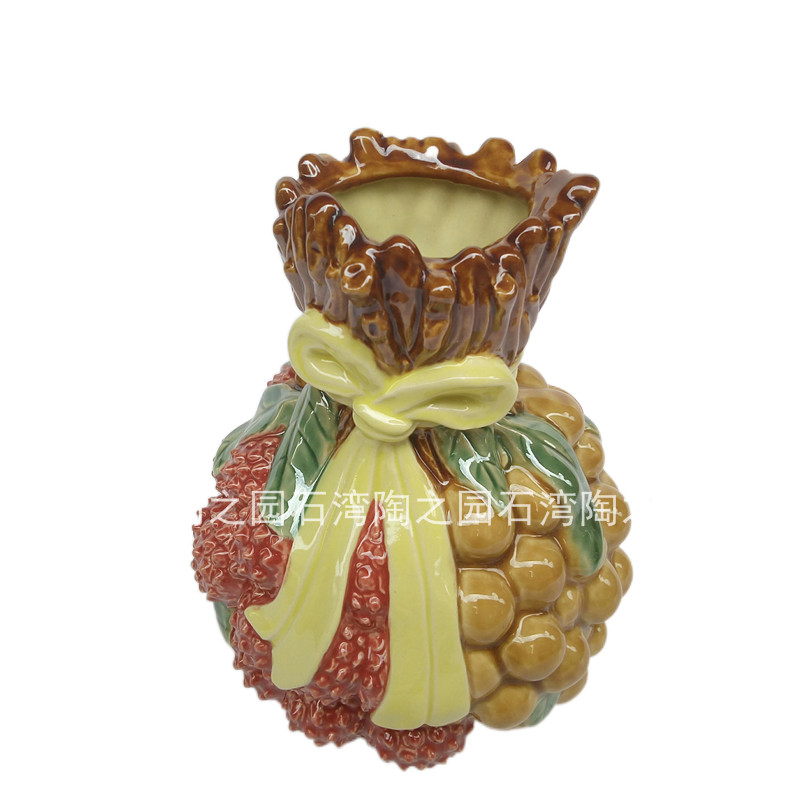 石湾陶瓷家居装饰摆件庭院植物圆肉水果题材荔枝核桃龙眼中式花瓶
