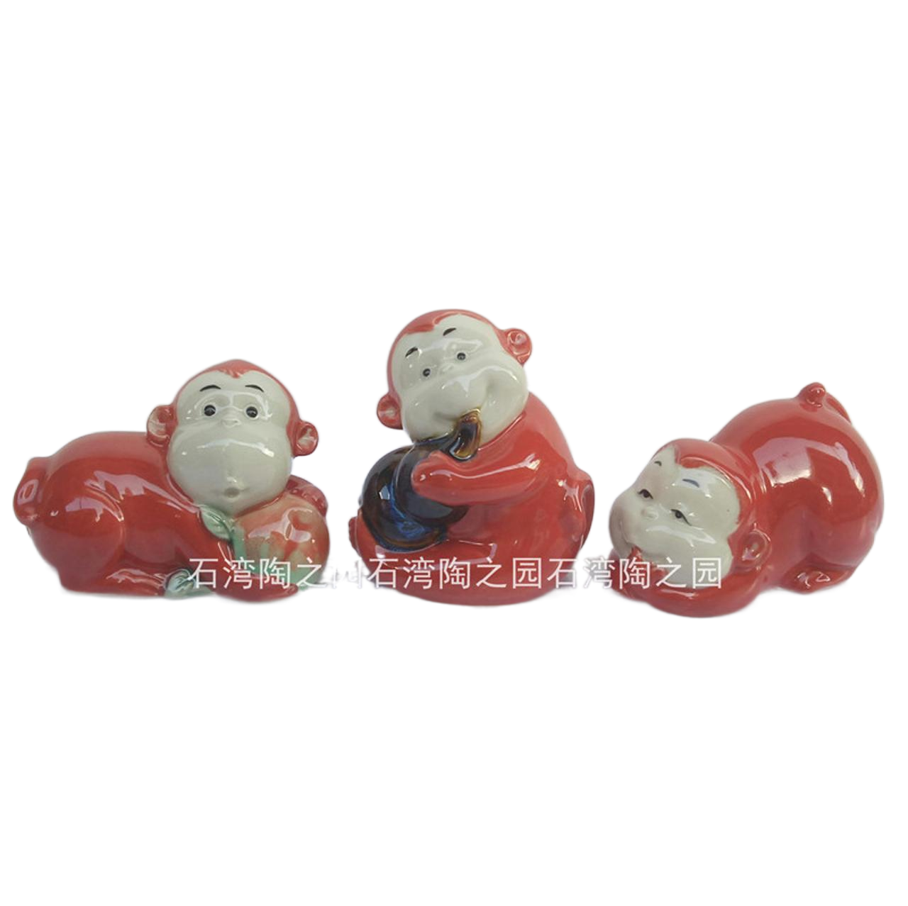 创意送礼石湾陶瓷公仔十二生肖家居装饰摆件动物猴子吉祥三宝一套