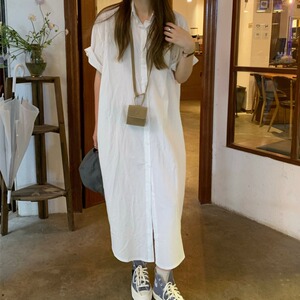大码女装200斤胖mm夏季韩版ins慵懒风长款短袖连衣裙设计感衬衫裙