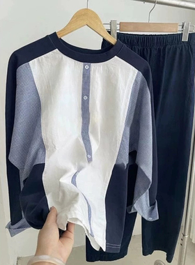 超好看蓝色上衣～25春外出哺乳喂奶撞色拼接大码显瘦衬衣月子服