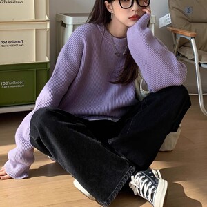爱上多巴胺~秋冬外出哺乳喂奶卷边开叉宽松大码毛衣孕妇装月子服