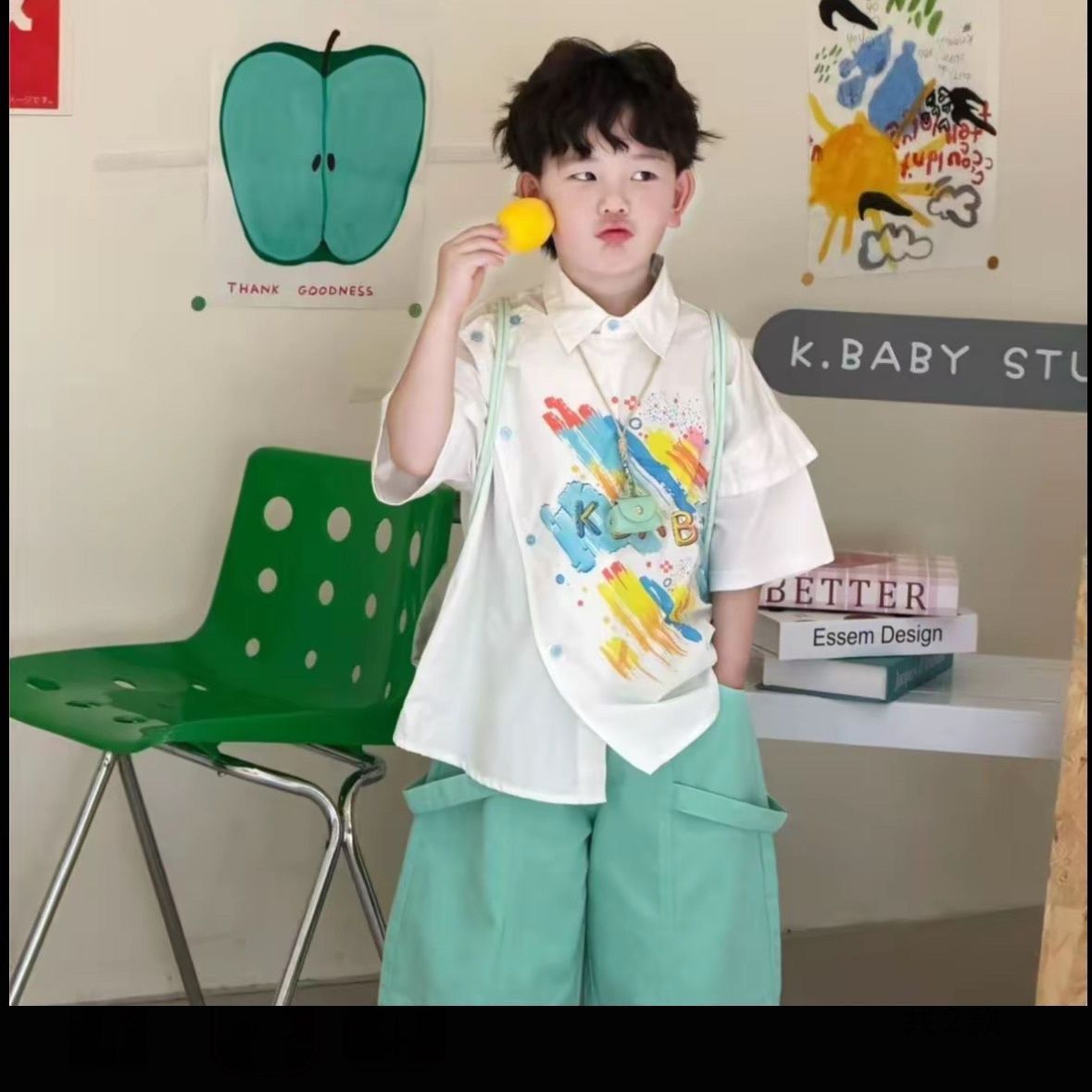 儿童夏季衬衫印花短袖套装清新男童多巴胺涂鸦衬衫薄荷绿五分短裤图片