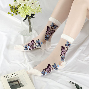 春夏季新品彩蝶飞舞提花棉底丝袜玻璃丝袜棉底防滑水晶丝中筒袜子