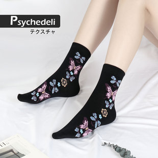 春夏季新品妈妈袜彩蝶飞舞中筒袜纯棉蝴蝶袜时尚子百搭潮流袜子女