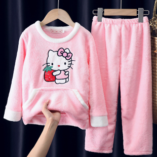 秋冬季儿童法兰绒睡衣女童宝宝男童女孩子学生小中大童加厚家居服