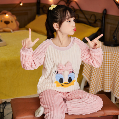 法兰绒秋冬季天儿童睡衣女童套装