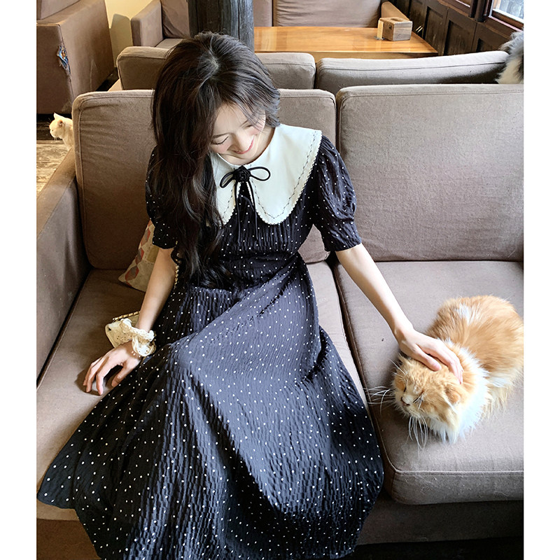 甜美黑色娃娃领波点连衣裙女2025夏季新款韩系复古收腰显瘦茶歇裙,女装连衣裙,沁古纱衣