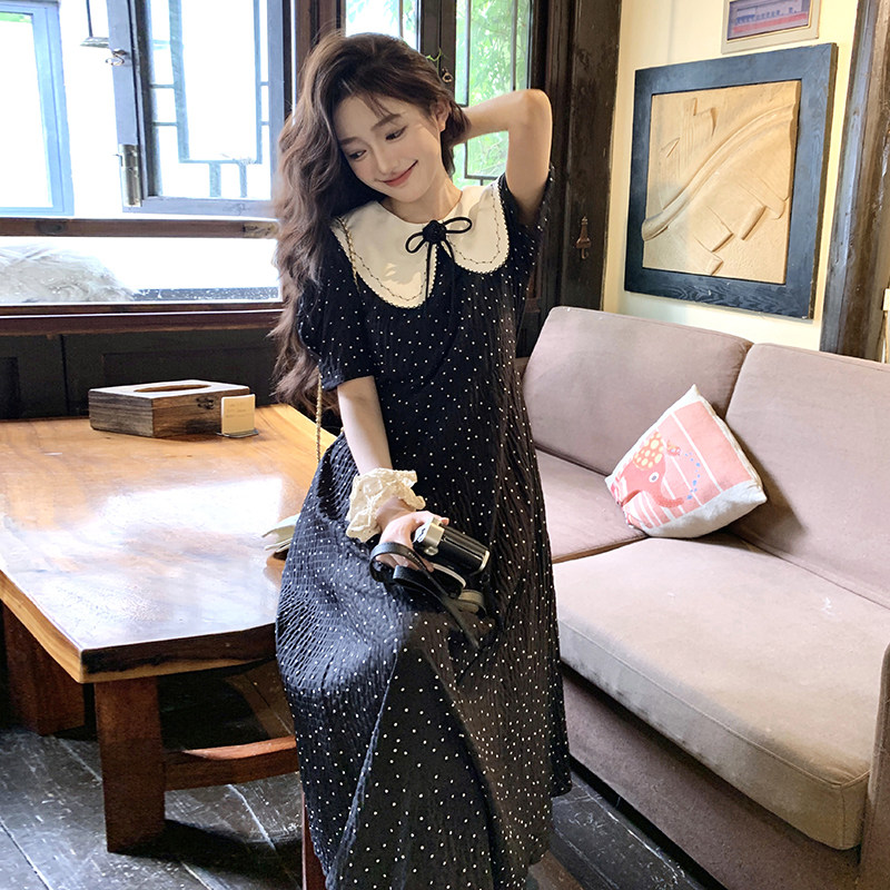 法式设计感黑色波点娃娃领连衣裙女2025夏季新款小个子赫本风长裙,女装连衣裙,沁古纱衣