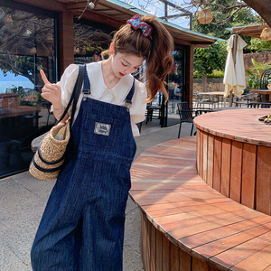 复古学院风牛仔背带裤女2025春季新款韩版宽松百搭休闲高腰阔腿裤图片