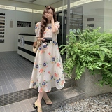 法式刺绣印花泡泡袖连衣裙女夏季2025新款苎麻高级感轻薄碎花长裙，商品下架区，沁古纱衣