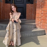 温柔风超好看独特漂亮碎花吊带连衣裙海边度假风沙滩长裙2025夏季，女装连衣裙，沁古纱衣