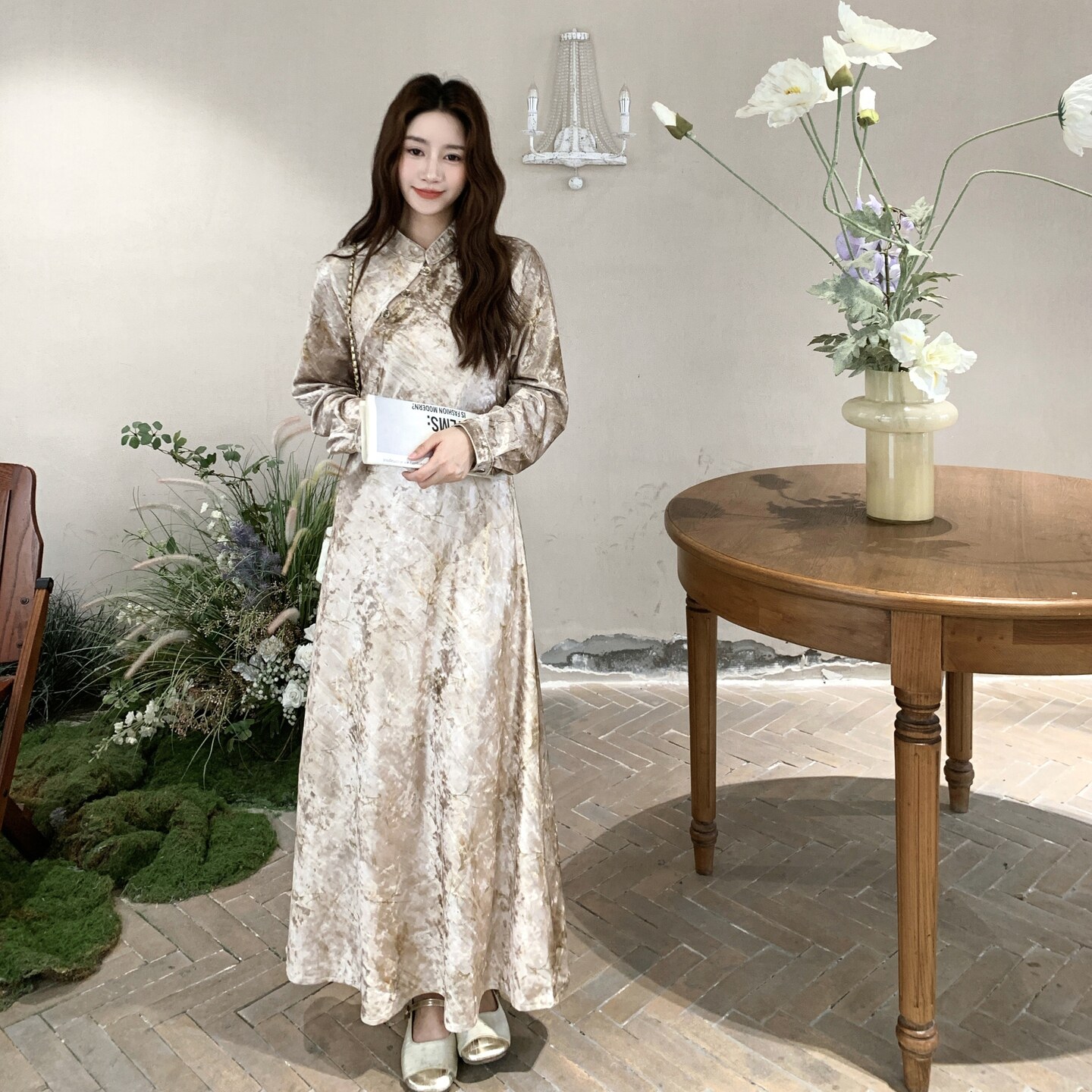 【新品出货中】自制新中式改良丝绒印花连衣裙C9102P145K238,女装连衣裙,2C321