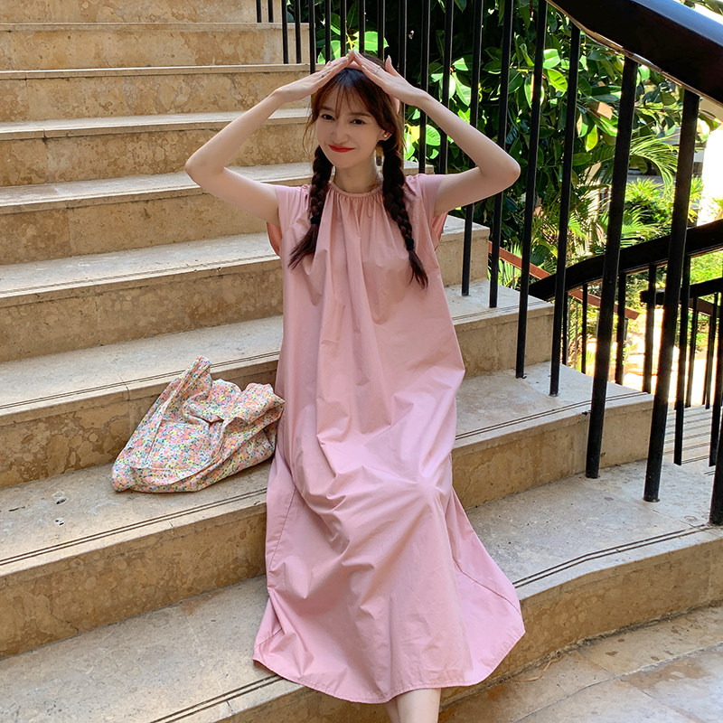 粉色小飞袖连衣裙女夏季2025新款法式温柔风初恋甜美休闲宽松裙子,女装连衣裙,沁古纱衣