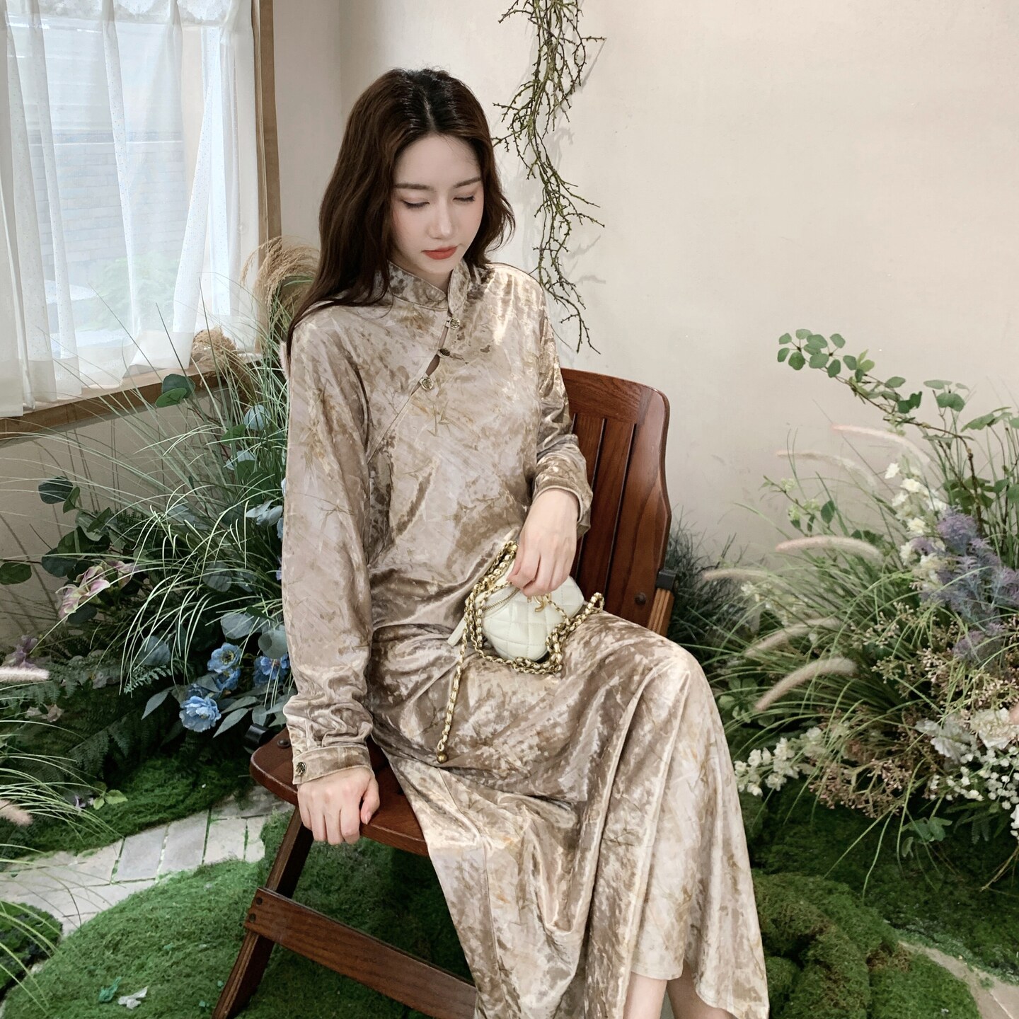 【新品出货中】自制新中式改良丝绒印花连衣裙C9102P145K238,女装连衣裙,2C321