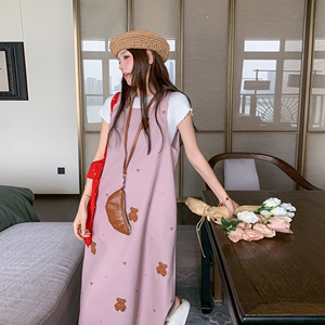 夏季新款可爱减龄宽松小个子a字裙女2025粉色小熊绣花背心连衣裙