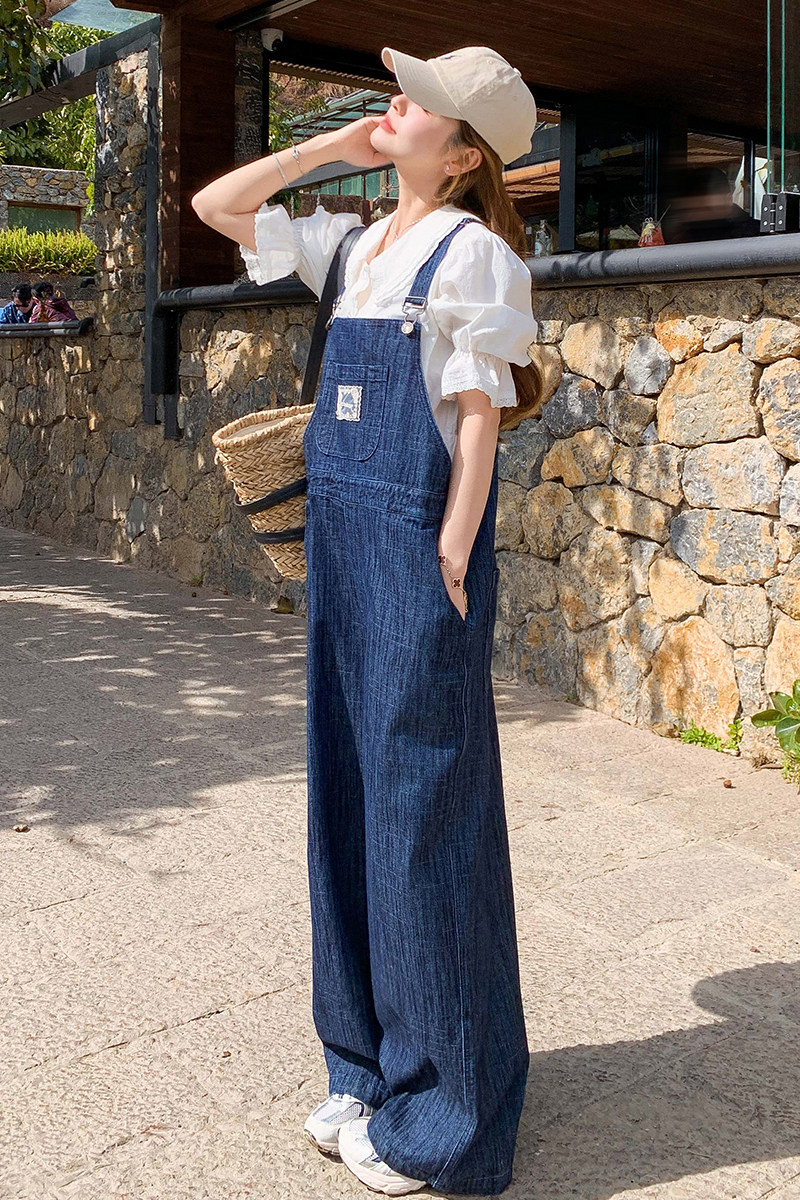 复古学院风牛仔背带裤女2025春季新款韩版宽松百搭休闲高腰阔腿裤,女装牛仔裤,沁古纱衣
