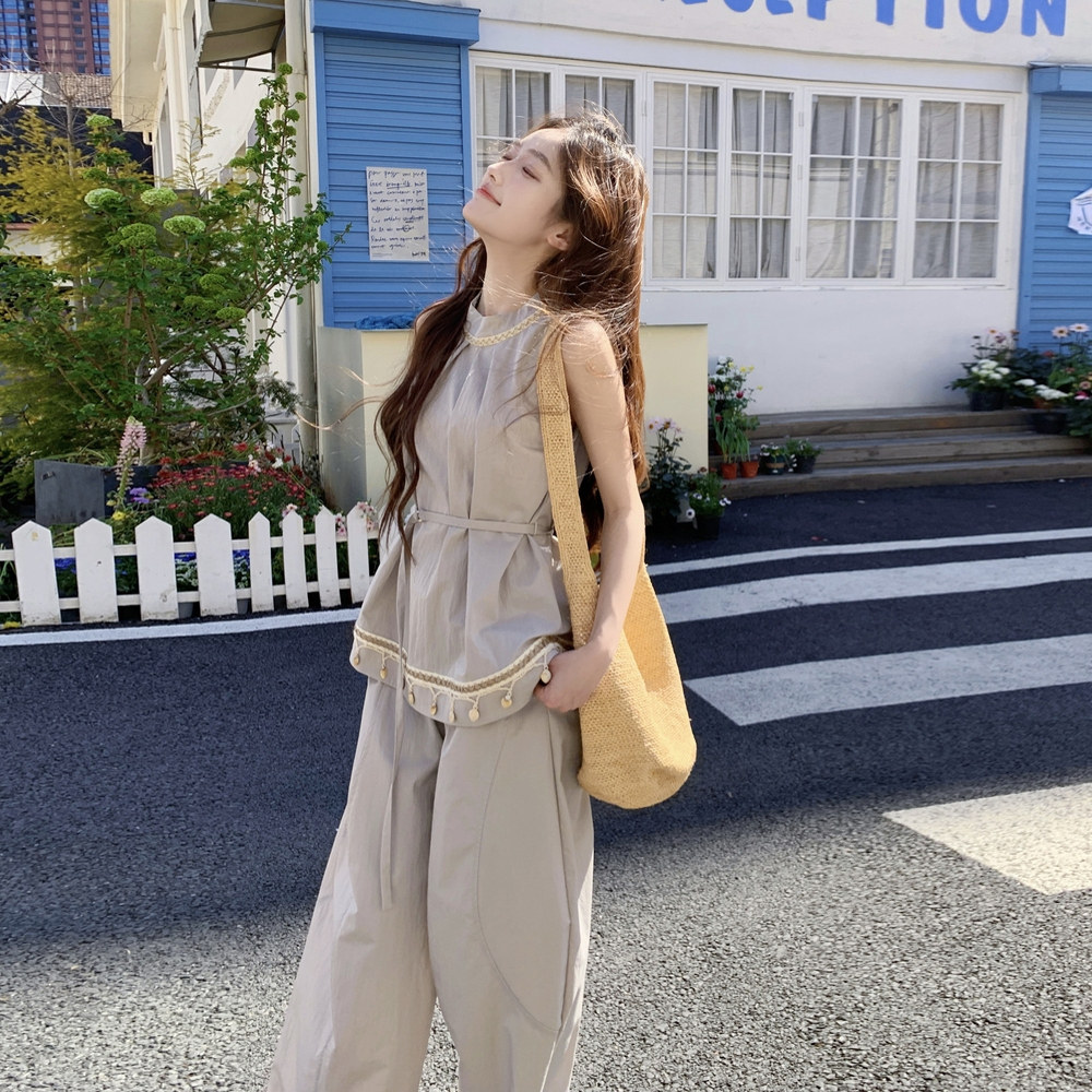 法式复古休闲套装女2025夏季新款高级感宽松无袖小衫阔腿裤两件套,女装套装/套裙,沁古纱衣