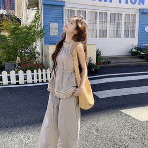 法式复古休闲套装女2025夏季新款高级感宽松无袖小衫阔腿裤两件套图片