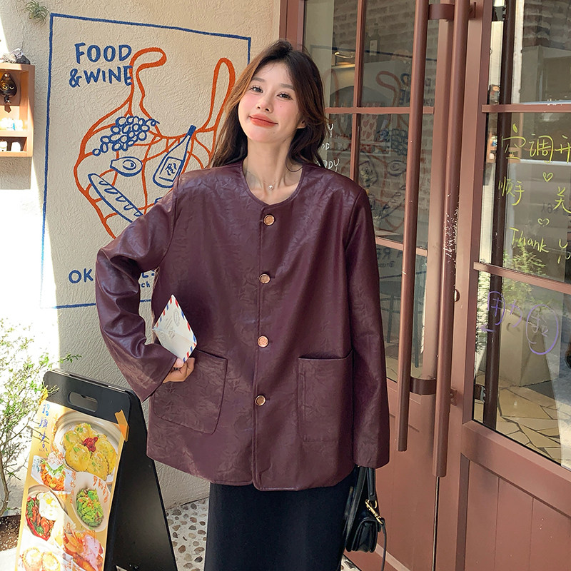 安可拉红皮衣外套女春秋2025年中长款韩系气质高级感pu皮爆款风衣,女装西装,沁古纱衣