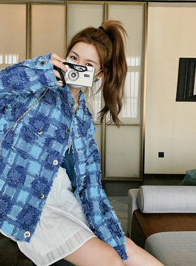 现货 春秋款 爆款面料仿牛仔毛毛宽松格子外套 Q993 P135 K208