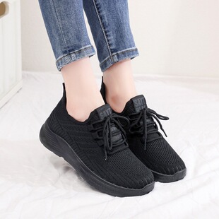 子久站工作鞋 女防滑全黑厨房黑色鞋 不累脚纯黑软底运动女鞋 上班鞋