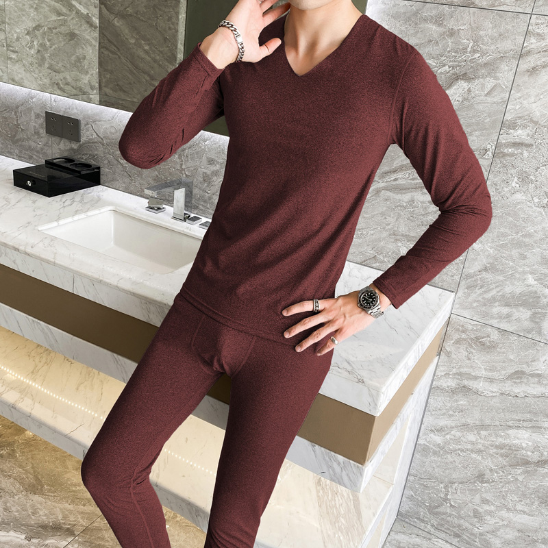 Traceless Plush thermal underwear suit milled youth autumn winter V-neck wine red