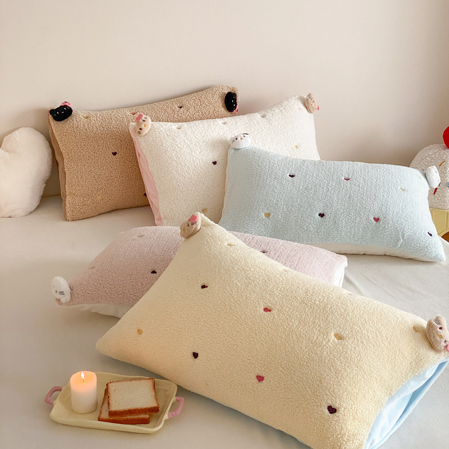 ins可爱卡通猫咪加厚保暖羊羔绒牛奶绒枕头枕芯枕套48x74cm一对装,床上用品,枕套,淘宝优惠券,粉丝福利购,淘宝优惠卷