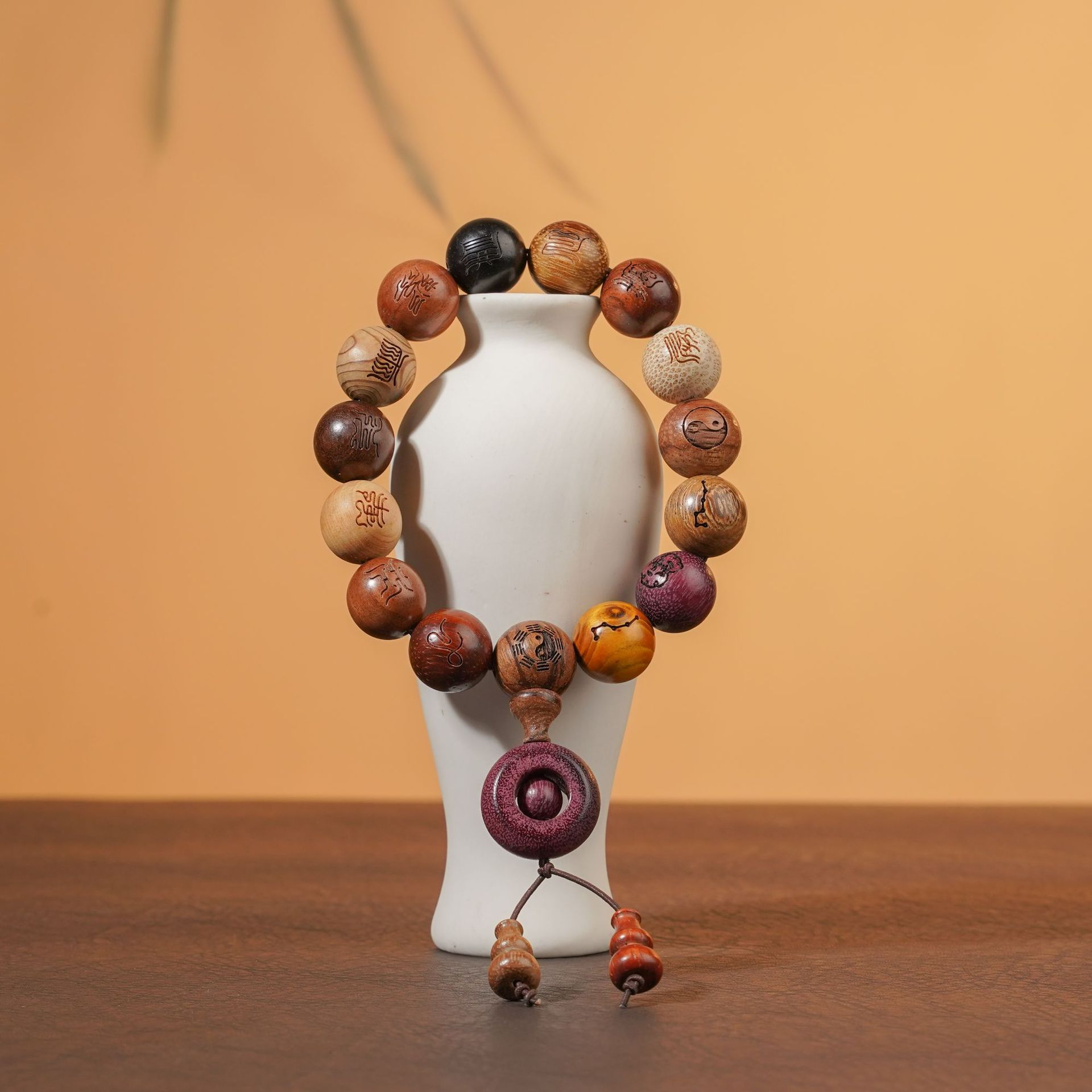 多宝珠手串雕刻十字天经跑环紫檀红木手链男女款木质文玩佛珠手持