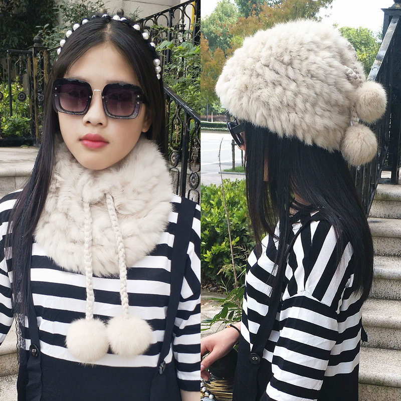女冬针织毛线兔毛皮草围巾帽子两用韩版时尚护耳帽围脖保暖
