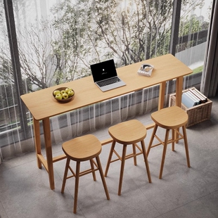 北欧实木吧台桌家用简约现代阳台靠墙窄桌子酒吧高脚桌奶茶店桌椅