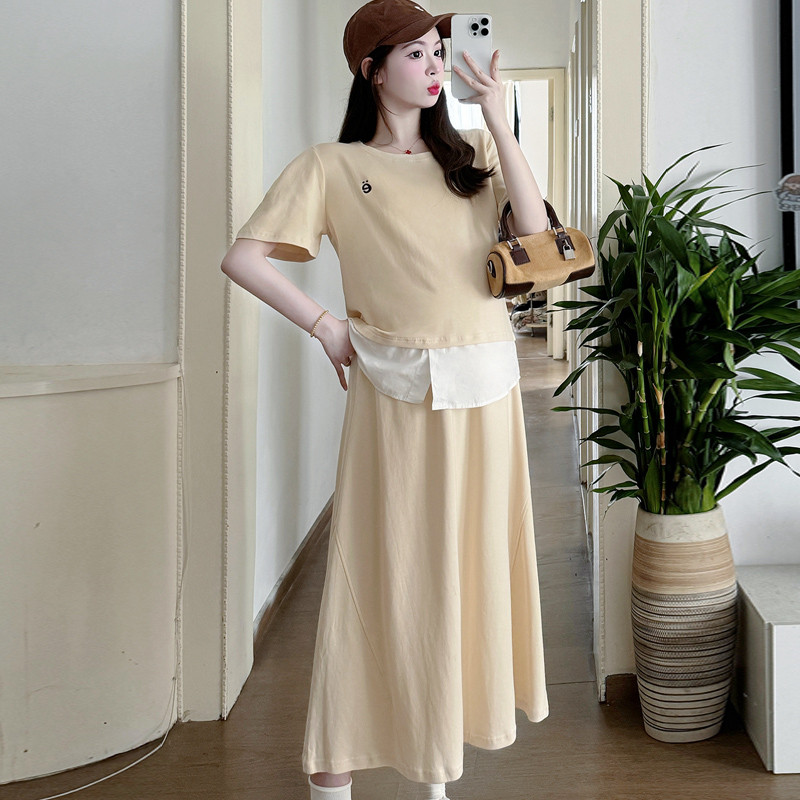 2024 여름 신작 임부복 세트 패셔너블한 순면 얇은 패치워크 탑과 스커트 투피스 캐주얼 스타일