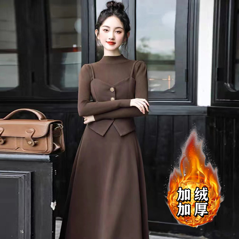 加绒加厚2025秋新款小香风高级感连衣裙显瘦穿搭假两件裙子A8024