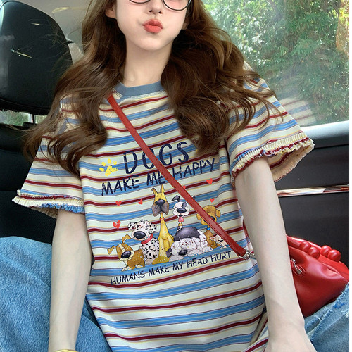95棉 5氨纶】卡通印花条纹短袖t恤女美式正肩宽松设计感花边上衣