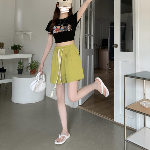 【6535鱼鳞】松紧腰外穿运动阔腿短裤女夏季新款高腰显瘦纯色裤子