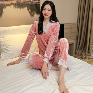 带胸垫高级感金丝绒睡衣女士秋冬2025新款性感钻绒长袖家居服套装