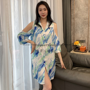 性感轻奢风冰丝露肩衬衫睡裙女2026新款夏天沙滩裙睡衣家居服套装