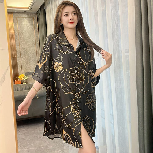 黑金玫瑰高级感冰丝睡裙女家居服