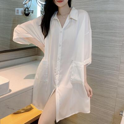 性感白色带口袋冰丝睡裙女家居服