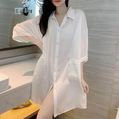性感白色带口袋冰丝睡裙女家居服