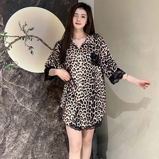 新款 女夏轻奢风性感镂空睡衣女家居服 高级感豹纹冰丝睡裙短裤 套装