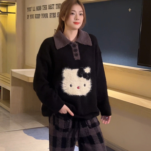 毛茸茸凯蒂猫半边绒睡衣女士2026新款秋冬季加绒加厚两件套家居服