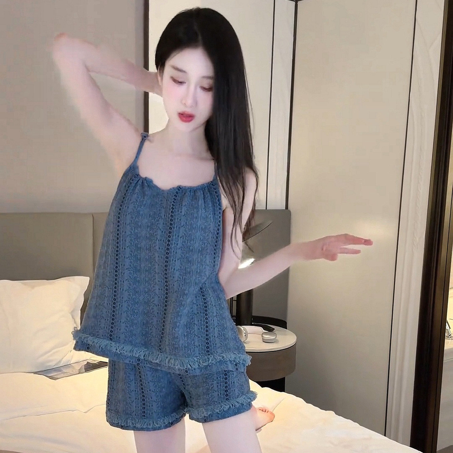 法式高级感碎花吊带睡衣女夏季自带胸垫复古流苏边短裤家居服套装
