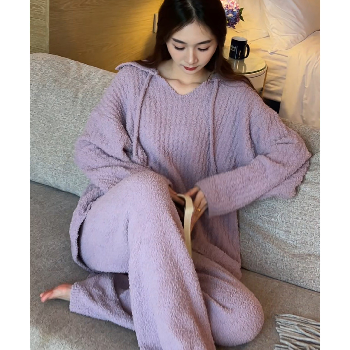 软绵绵半边绒睡衣女士保暖家居服