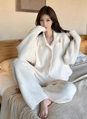 针织半边绒女士睡衣冬季新款立领简约加厚套装保暖可外穿的家居服