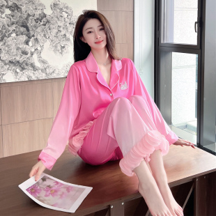 高定轻奢烫钻荷叶边冰丝睡衣女秋2025新款 高级感渐变色家居服套装